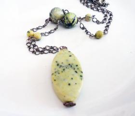 Necklace, Yellow Turquoise Pendant, Brass,Turquoise, Yellow and Green, Spring and Summer Necklace